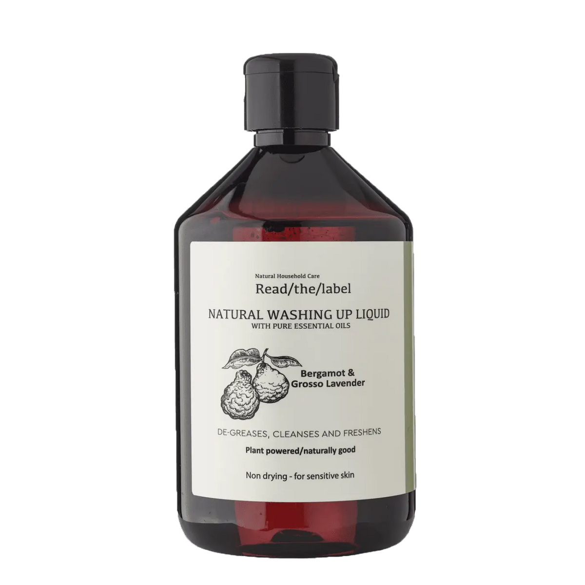 Natürliches Geschirrspülmittel mit Bergamotte und Grosso Lavendel, 500ml, von readthelabellondon, in einer Flasche.