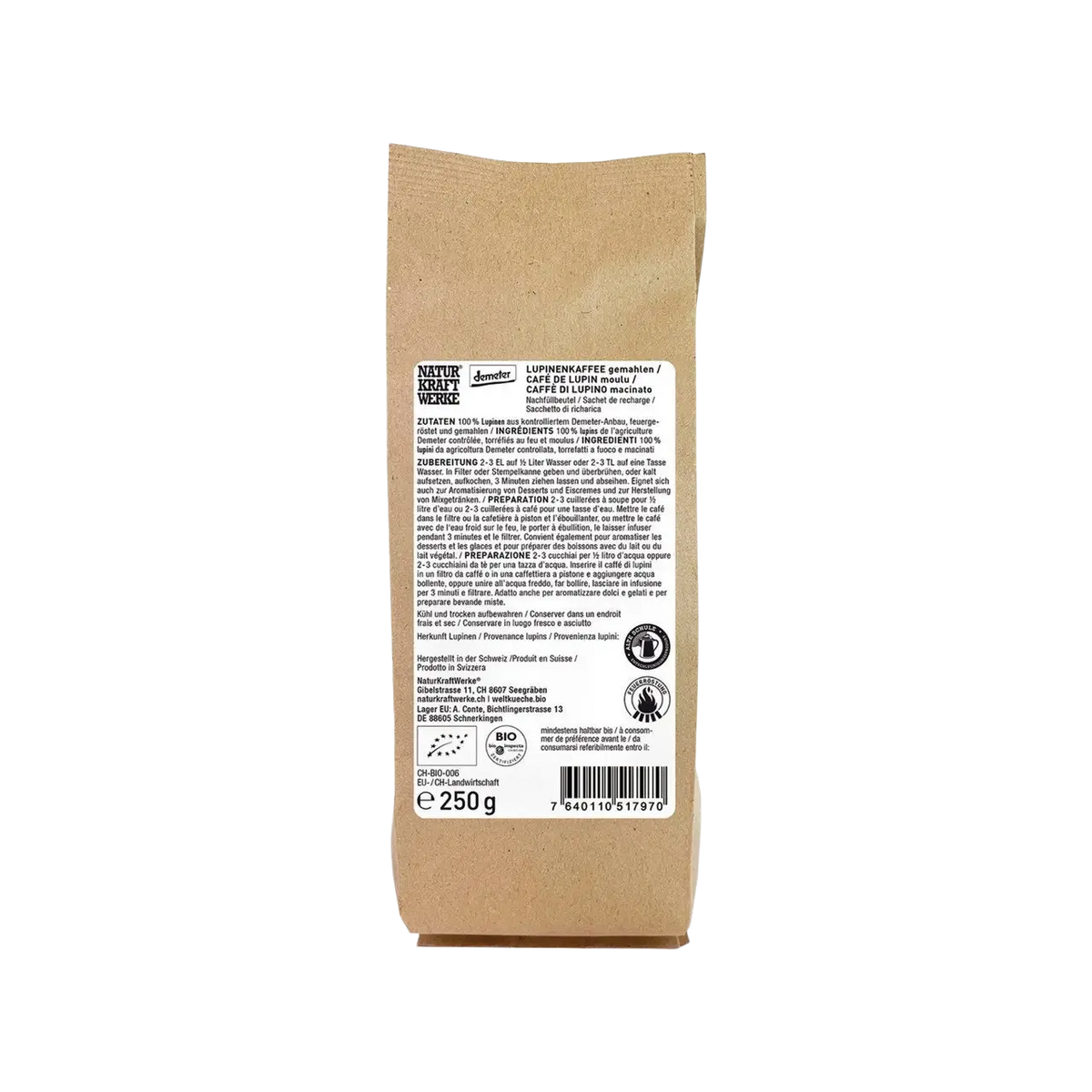NaturKraftWerke Lupinenkaffee in brauner Papiertüte, Bio-Demeter-Qualität, koffeinhaltiges Kaffeeersatzprodukt.