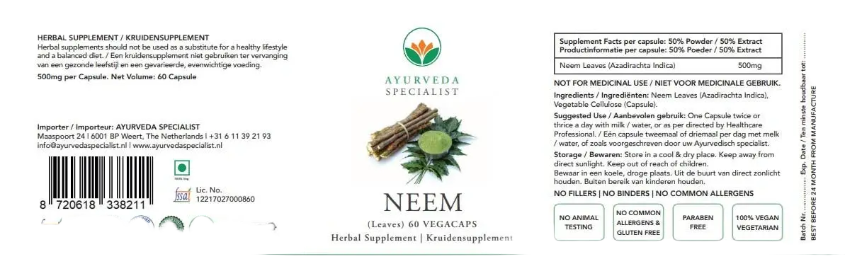 Neem Kapseln von Ayurveda Specialist, 60 Stück, für Reinigung und Stärkung des Immunsystems, in einer transparenten Flasche
