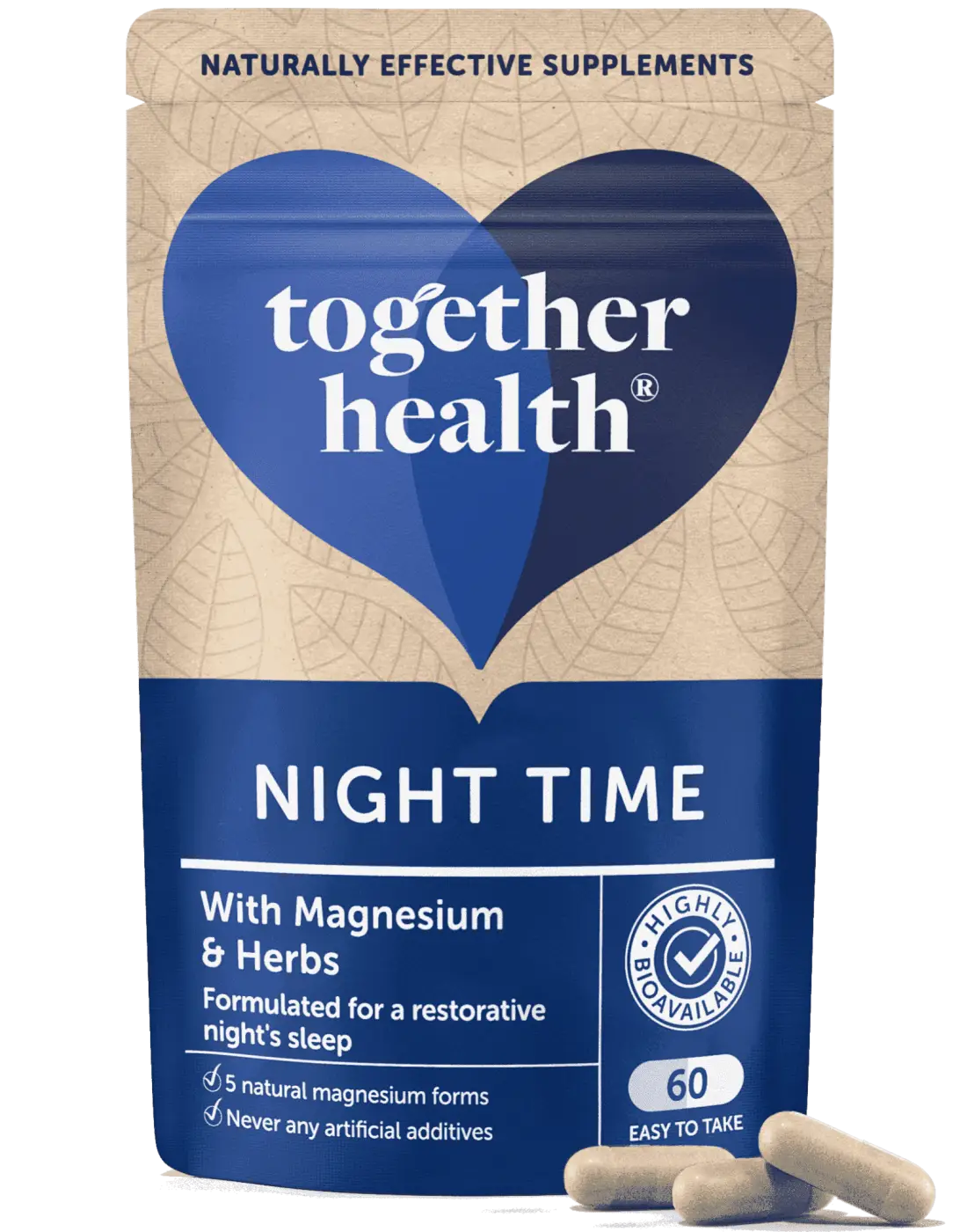 Natürliche Schlafmittel mit Magnesium und Kräutern von Together Health, in einer Packung mit Kräuter- und Magnesium-Zutaten.