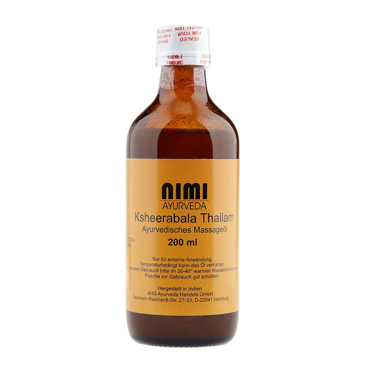 Ayurvedisches Massageöl Nimi Ksheerabala Thailam von Mana Shop, für Entspannung und Regeneration, in einer Flasche.
