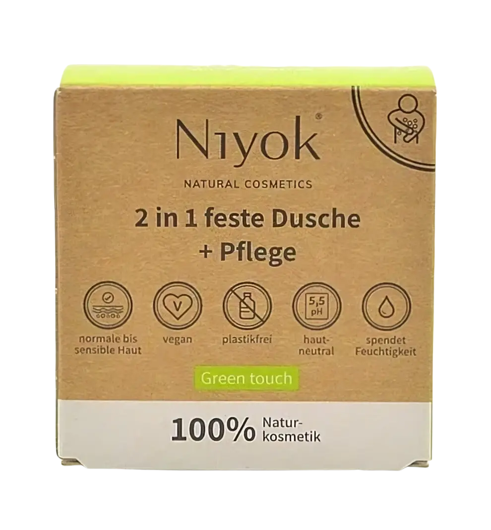 Niyok Feste Dusche & Pflege 80g, natürliche Körperpflege, festes Duschprodukt mit pflegenden Inhaltsstoffen.