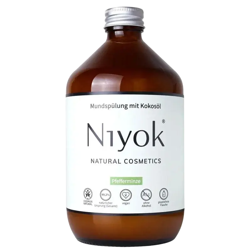 Niyok Mundspülung Pfefferminze und Zitrone in 500 ml Flasche, für frischen Atem und Zahnpflege.