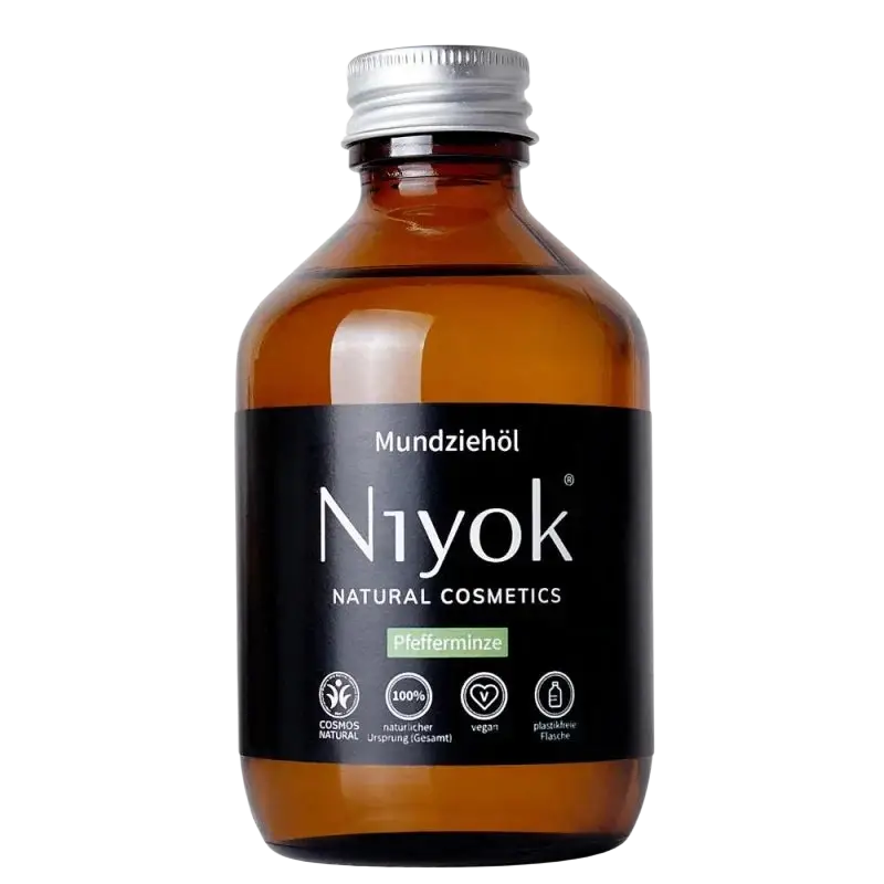 Niyok Mundziehöl mit Pfefferminze und Zitrone, 200ml, für die Mund- und Zahnpflege, zeigt die Flasche mit grünen Minz- und Zitronen-Details