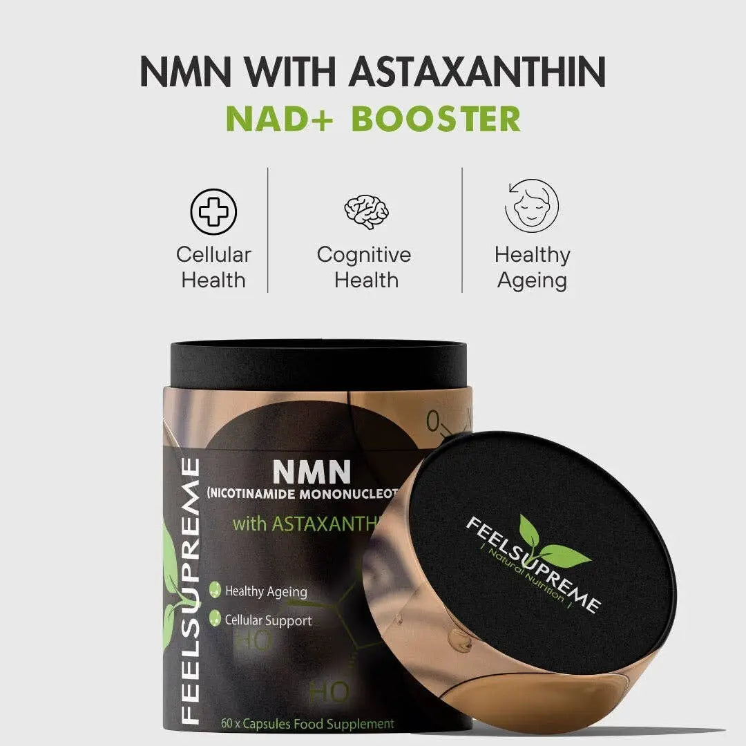 Nahrungsergänzungsmittel Feel Supreme NMN mit Astaxanthin, NAD+ Booster gegen Alterungsanzeichen, 60 Kapseln.