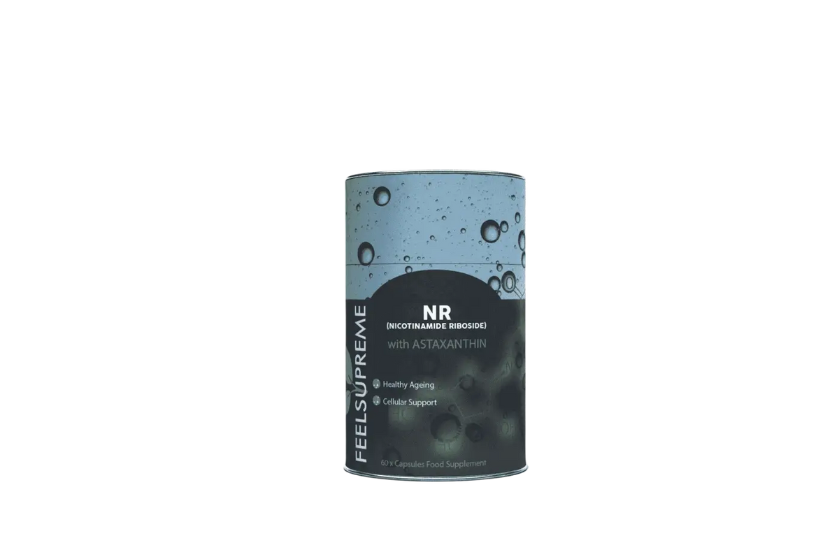Nahrungsergänzungsmittel Feel Supreme mit Nicotinamid-Ribosid und Astaxanthin in eleganter Verpackung