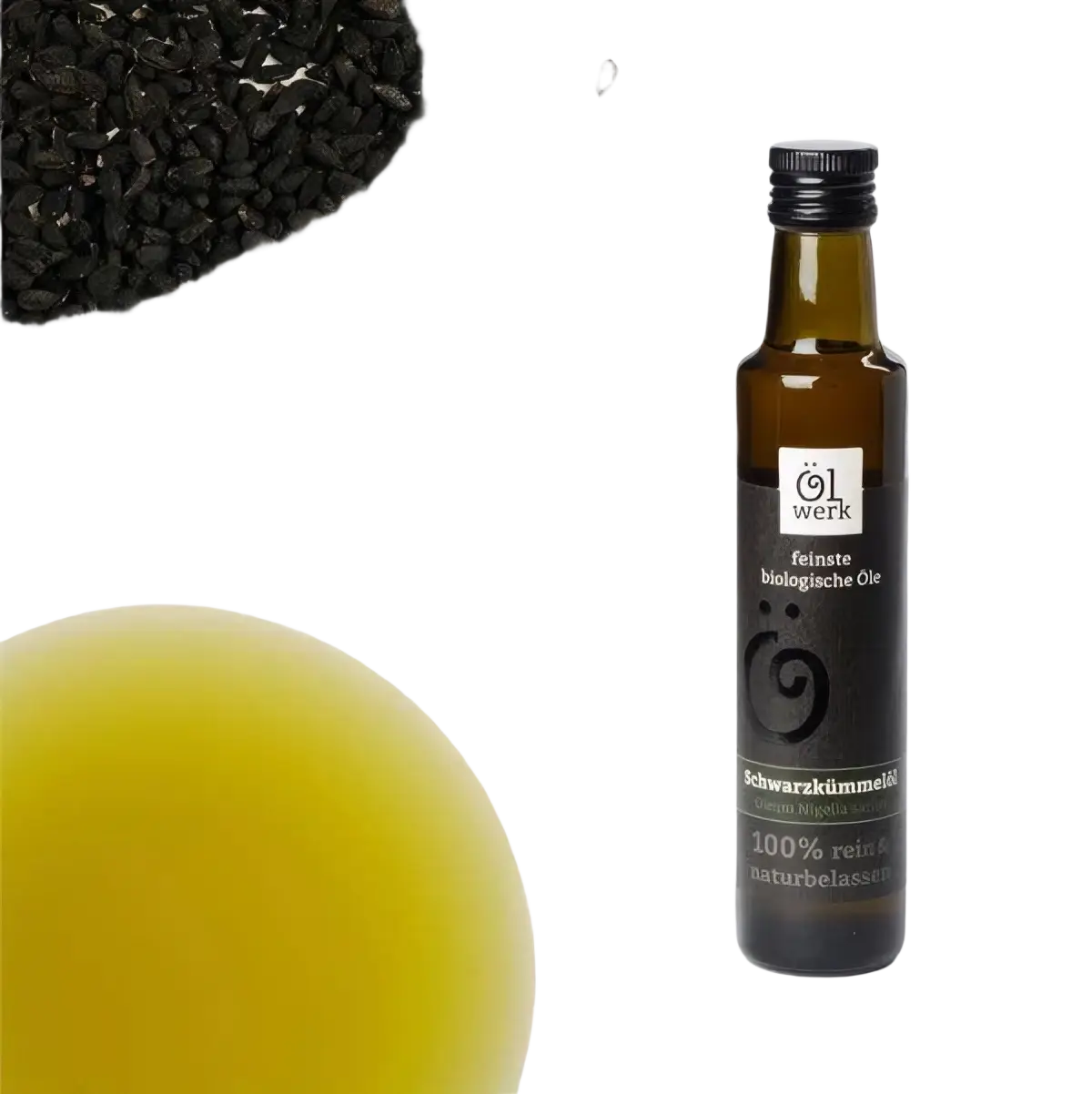 Bio Schwarzkümmelöl von Ölwerk in Glasflasche, kaltgepresst, dunkel, für gesunde Ernährung und natürliche Pflege.