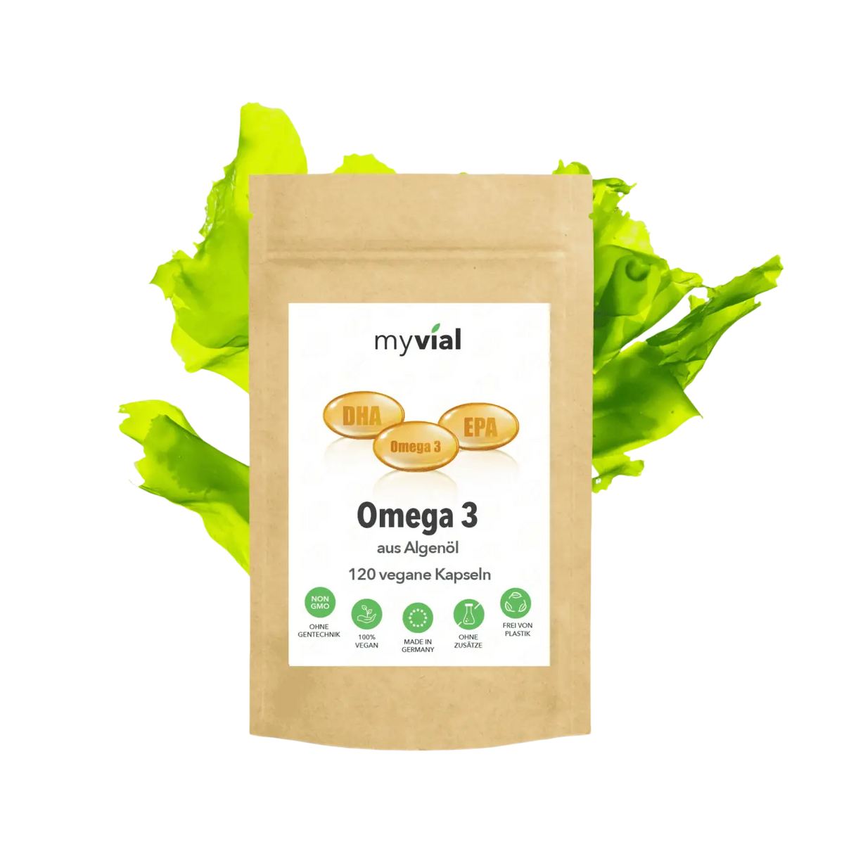 Vegan Omega-3-Kapseln aus Algenöl von myvial, 120 Stück, Nahrungsergänzung, offene Kapseln mit Algenöl in einer Flasche