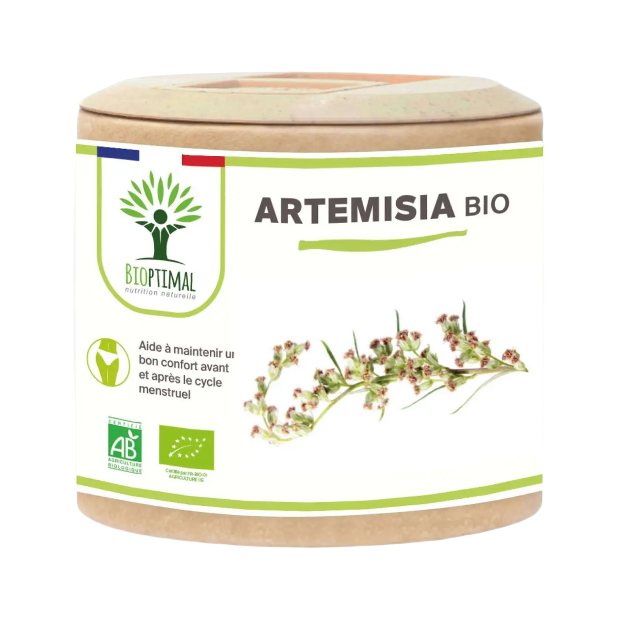 Bioptimal Nahrungsergänzung: Organische Artemisia-Kapseln zur Unterstützung bei Menstruationsbeschwerden und Muskelaufbau.