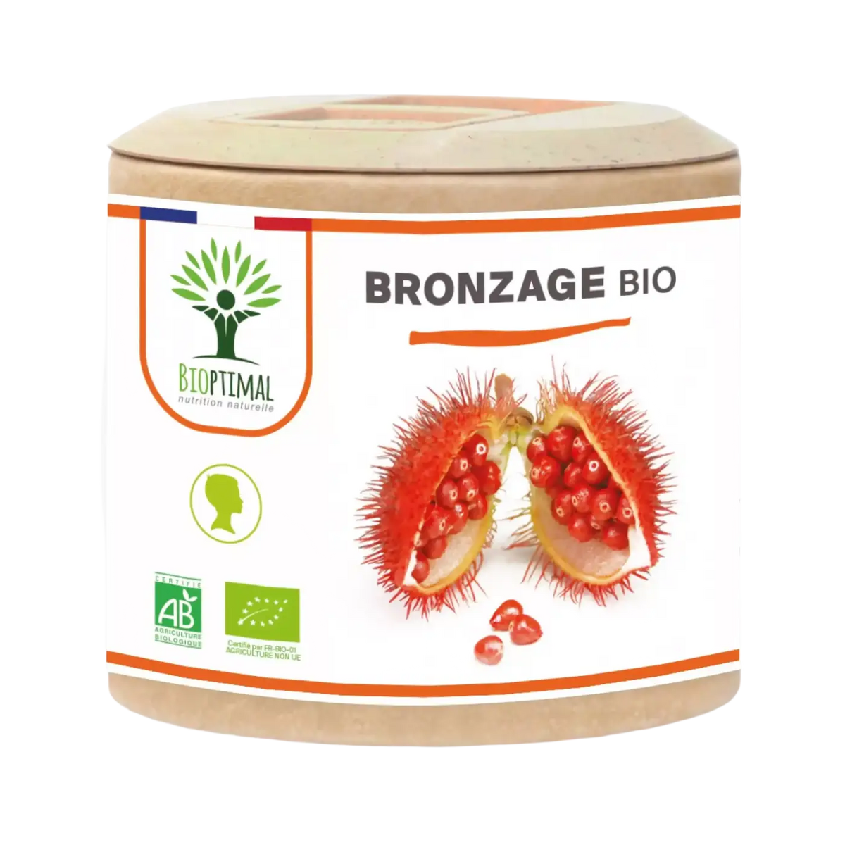 Bioptimal organische Bräunung Nahrungsergänzung mit 60 Kapseln, zylindrische Verpackung, natürliche Inhaltsstoffe sichtbar.