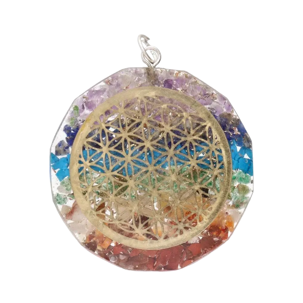 Orgonit-Chakra-Anhänger „Blume des Lebens“ von Vives de la Cortada SCP, kreisförmiger Anhänger mit bunten Chakra-Designs