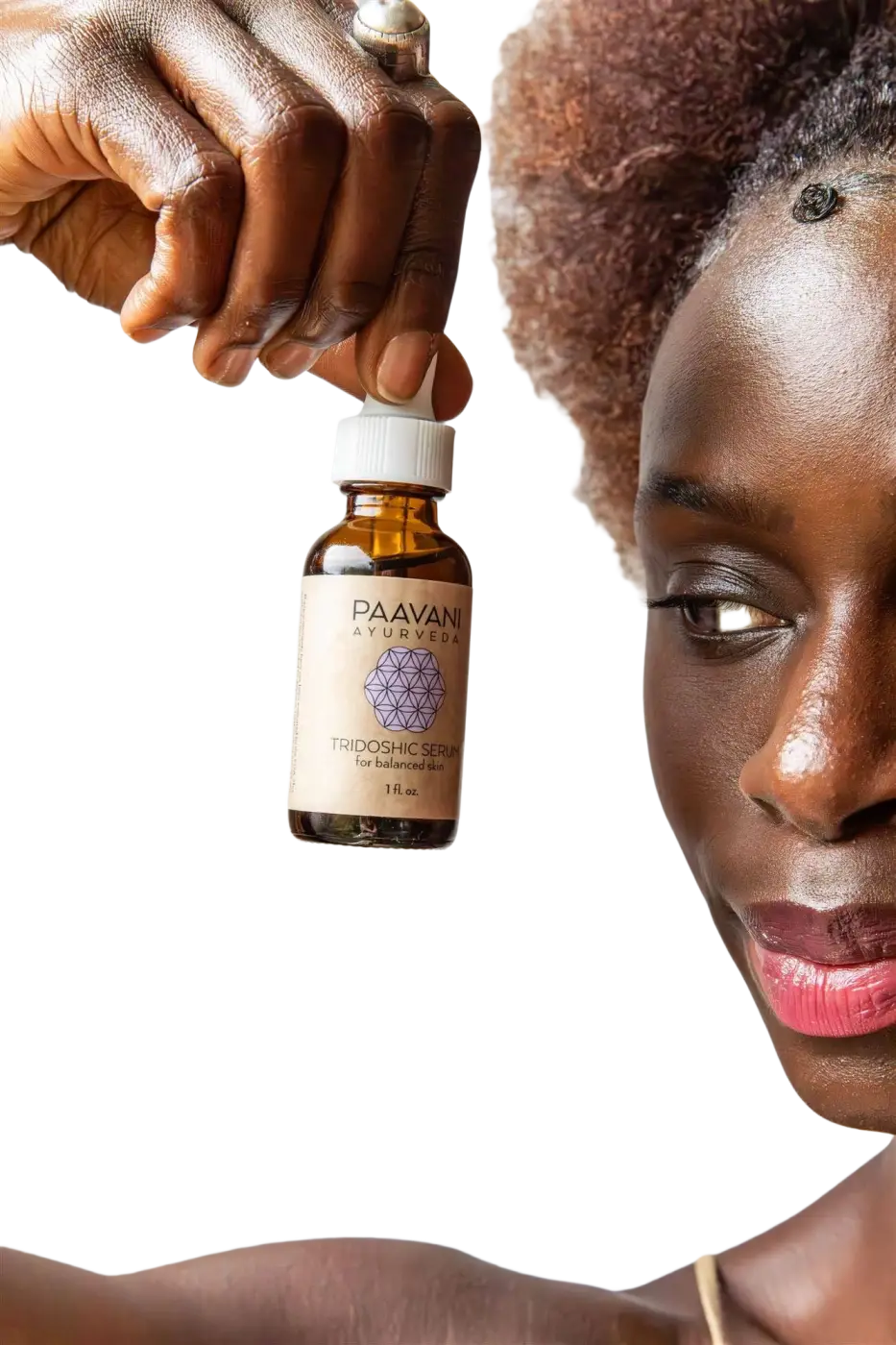 PAAVANI Ayurveda Tridosha Serum, ayurvedisches Gesichtsöl für ausgeglichene Haut, in einer Flasche mit Dosierspender.
