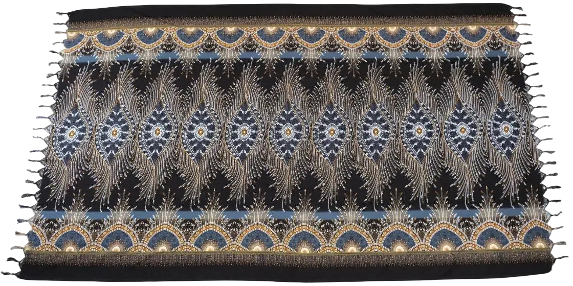 Schwarzer lunghi sarong tuch 190x115cm mit blauen und goldenen pfauenfeder mustern und verzierter bordüre