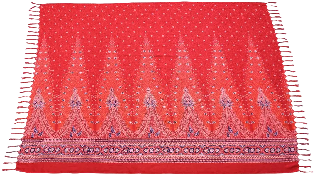 Vibrante rote pfauenfedern lunghi sarong tuch mit paisley mustern und fransen 160x115cm von mana shop
