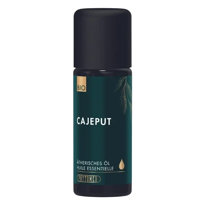 Ätherisches Cajeput Bio-Öl von Phytomed in einer dunklen Flasche, 10 ml, natürliche ätherische Öle für Wohlbefinden.