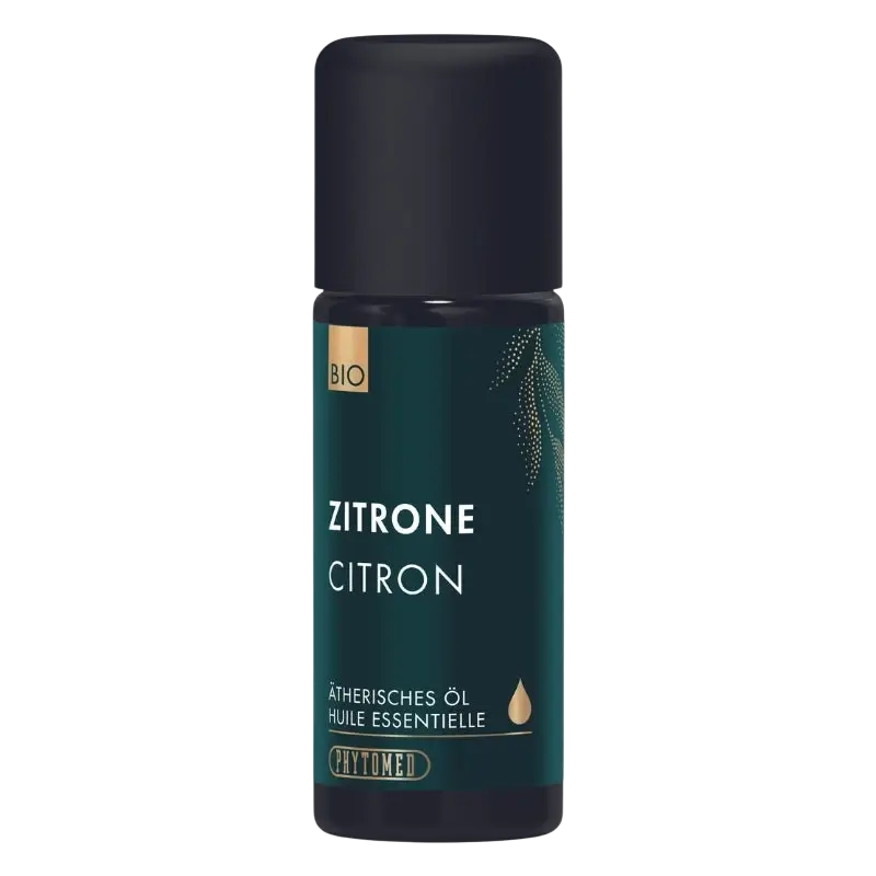 Ätherisches Zitronenöl von Phytomed, 10 ml, dunkle grüne Flasche, natürliches Bio-Öl für Aromatherapie und Wellness