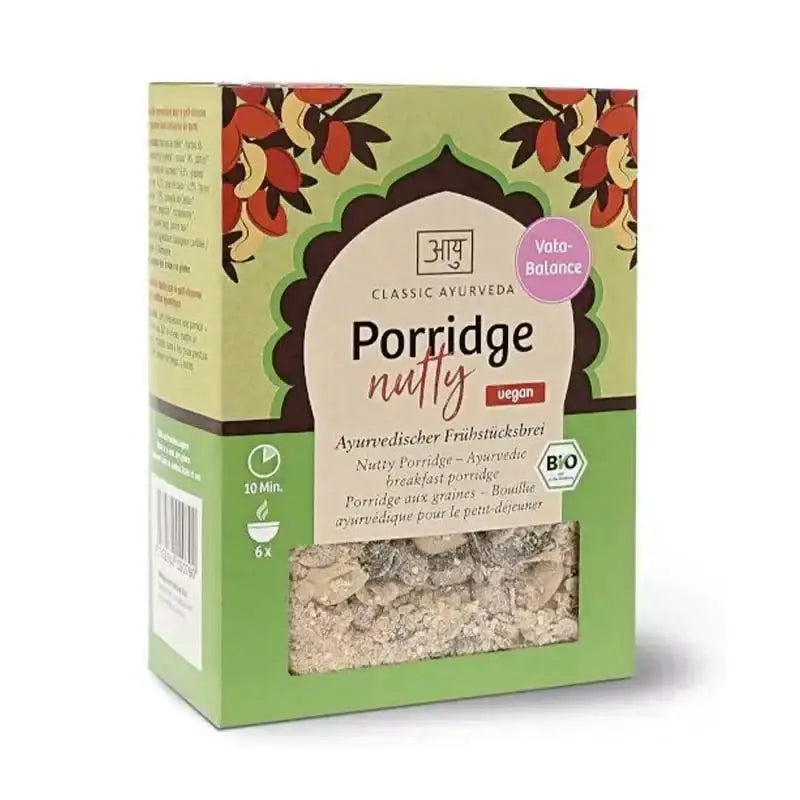 Bio Nussiges Porridge von Classic Ayurveda in grüner Verpackung, Getreide und Hülsenfrüchte, 480g.