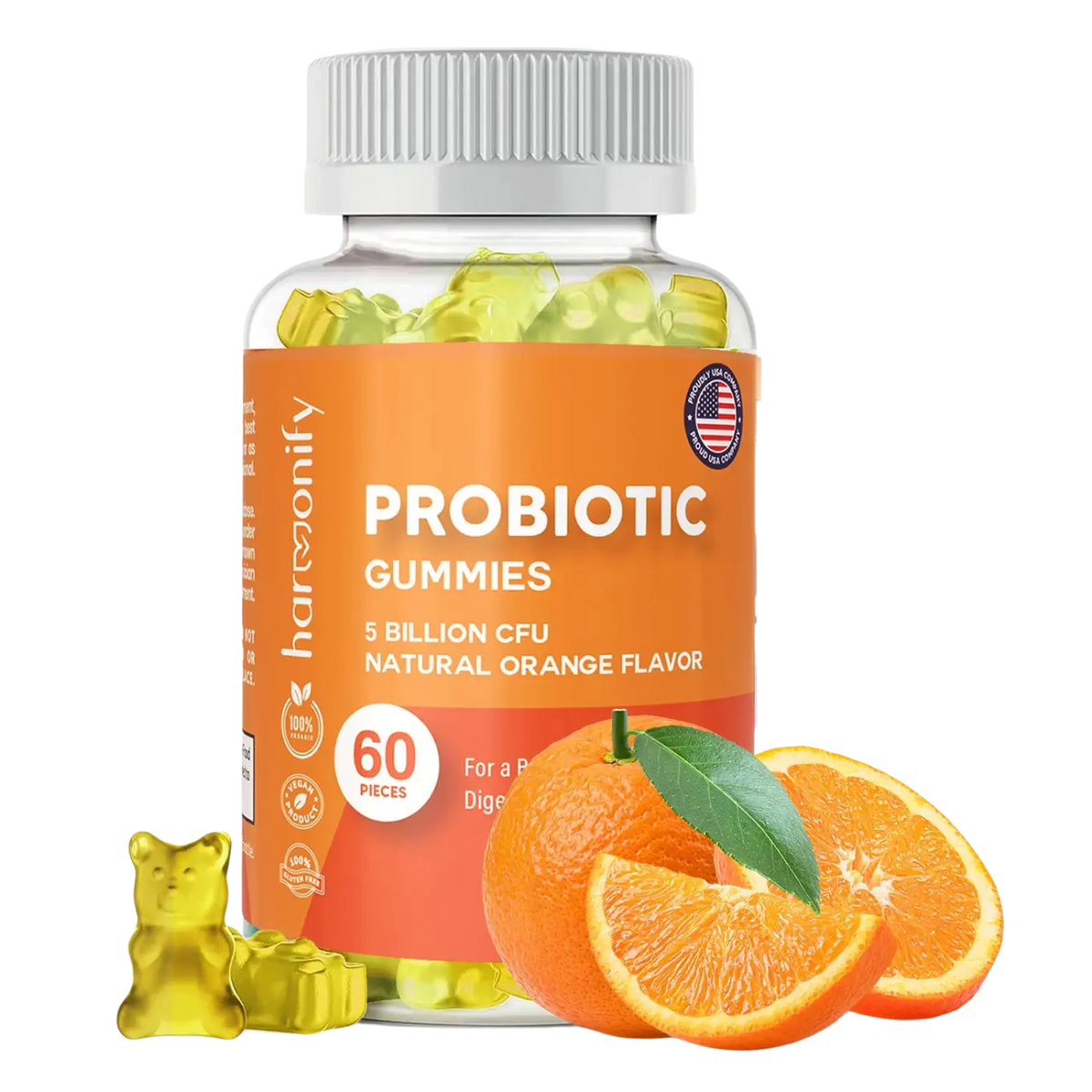 Probiotische Gummibärchen von HARMONIFY mit 5 Milliarden CFU, natürlichem Orangengeschmack und 1000 mg Probiotika.