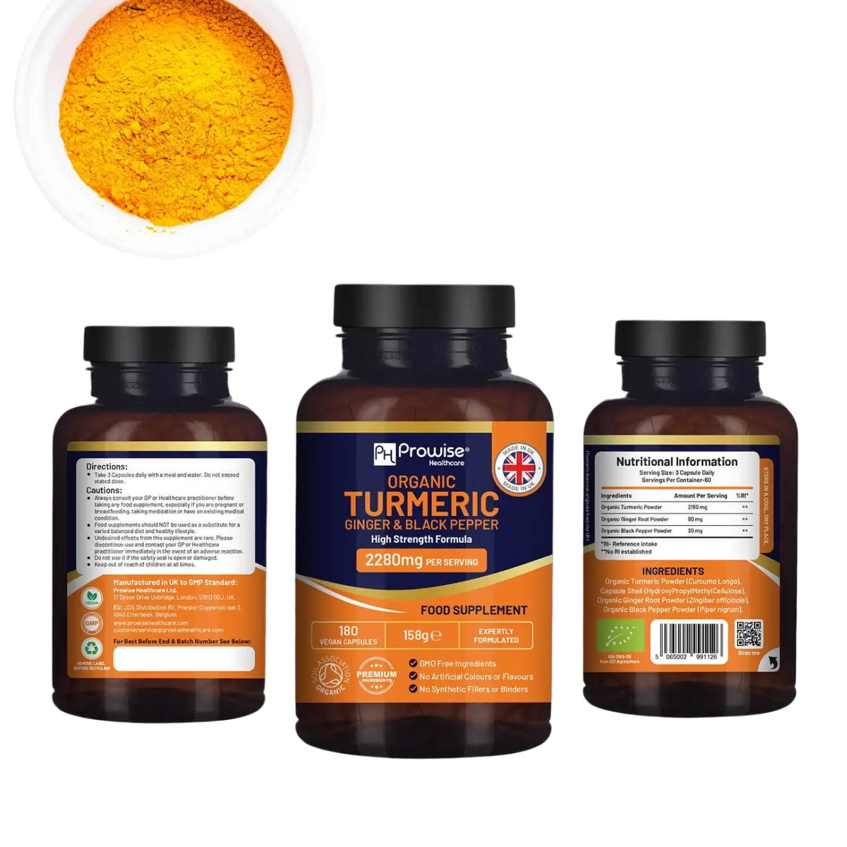 Prowise Healthcare Bio-Kurkuma 2280mg Nahrungsergänzung mit schwarzem Pfeffer, hochfestes Kurkuma-Extrakt in Kapseln
