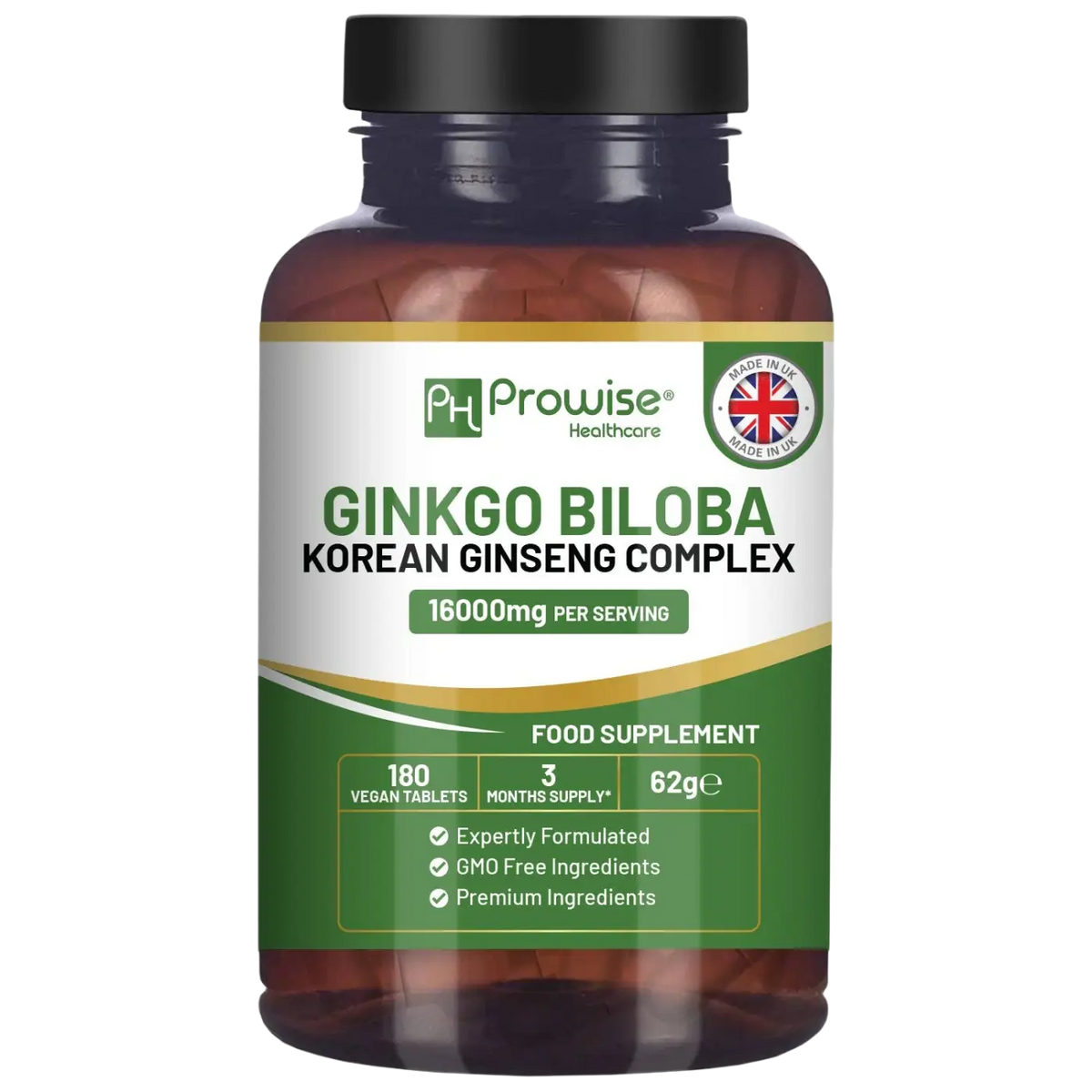 Prowise Healthcare Ginkgo Biloba und koreanischer Ginseng Nahrungsergänzung, 180 vegane Tabletten, 16.000 mg Inhalt