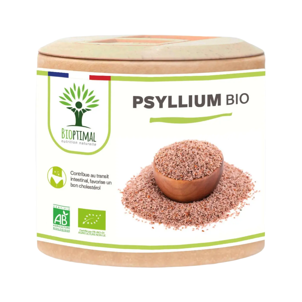 Ein zylindrischer behälter psyllium bio kapseln mit naturholz deckel und grüner etikette für digestion und cholesterin