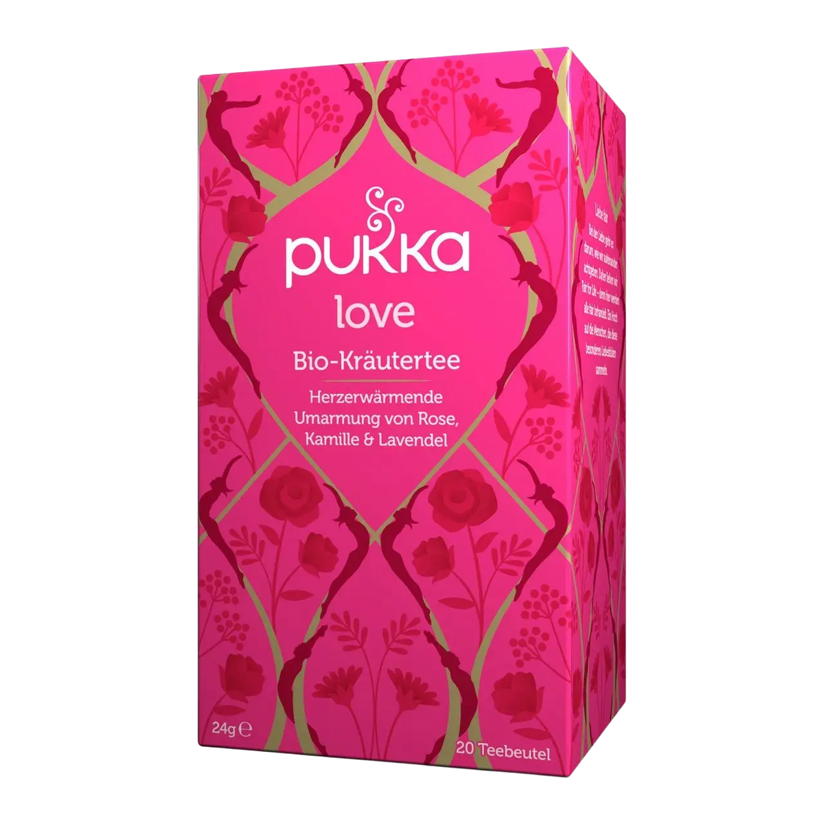 Pukka LOVE Bio Kräutertee in einer Tasse, mit frischen Kräutern, für Entspannung, Wärme und Herzöffnung.