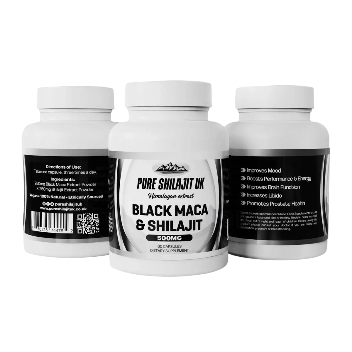 Pure Shilajit UK Nahrungsergänzung: Schwarze Maca- und Shilajit-Kapseln in einer transparenten Flasche.