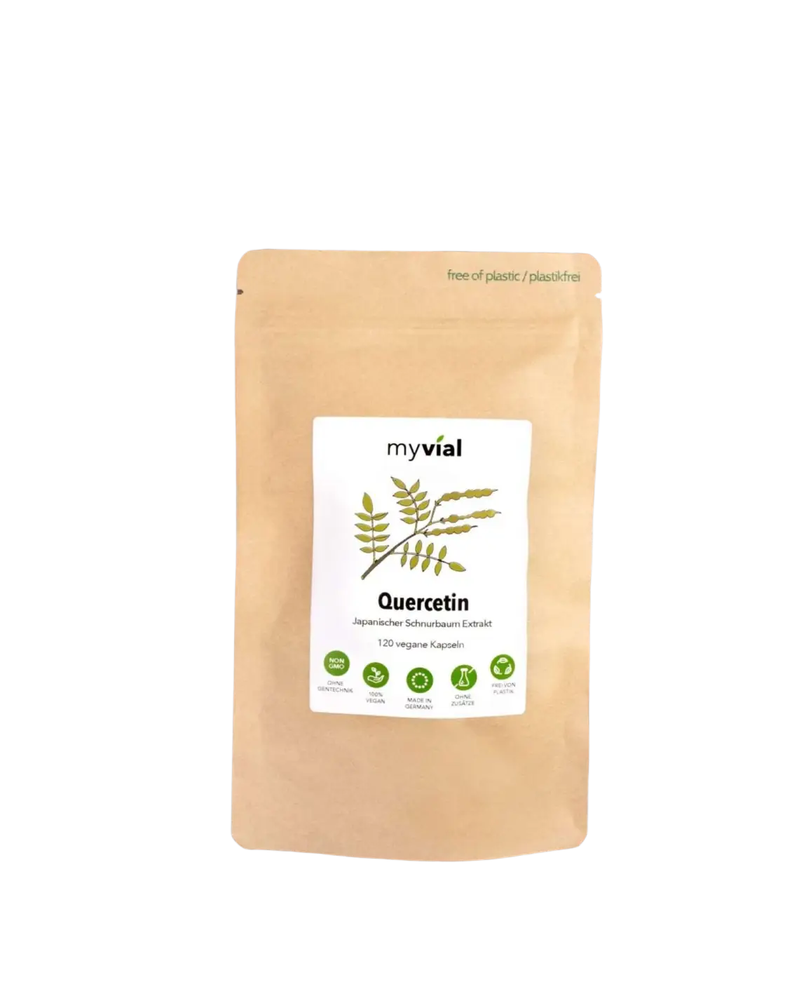 Vegan Quercetin 120 Kapseln von myvial, 400mg, Nahrungsergänzung, beige Beutel, vegane Kapseln im Beutel sichtbar