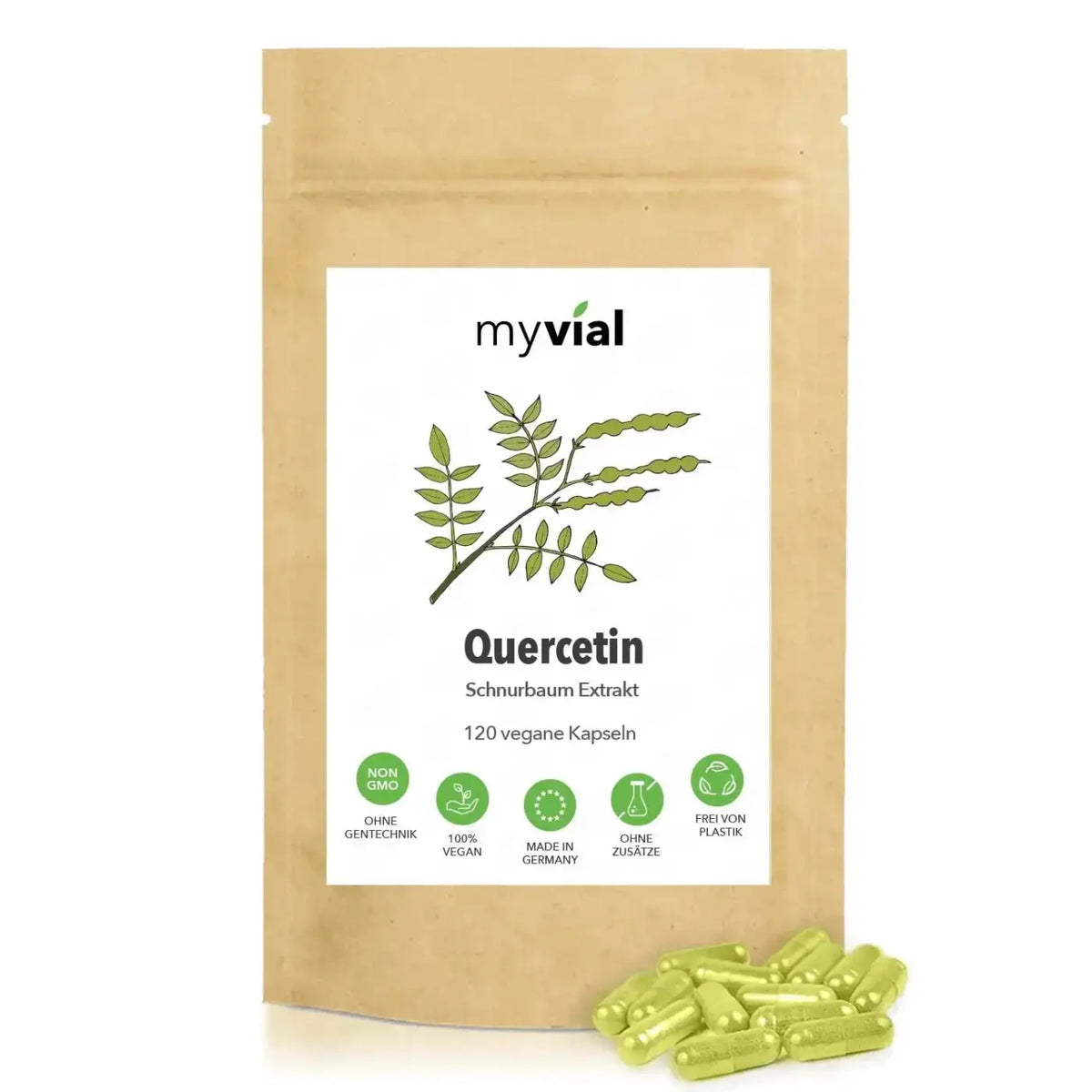Veganer Quercetin Nahrungsergänzung in braunen Kapseln, 120 Stück, 400 mg von myvial, sichtbare Kapseln in der Verpackung