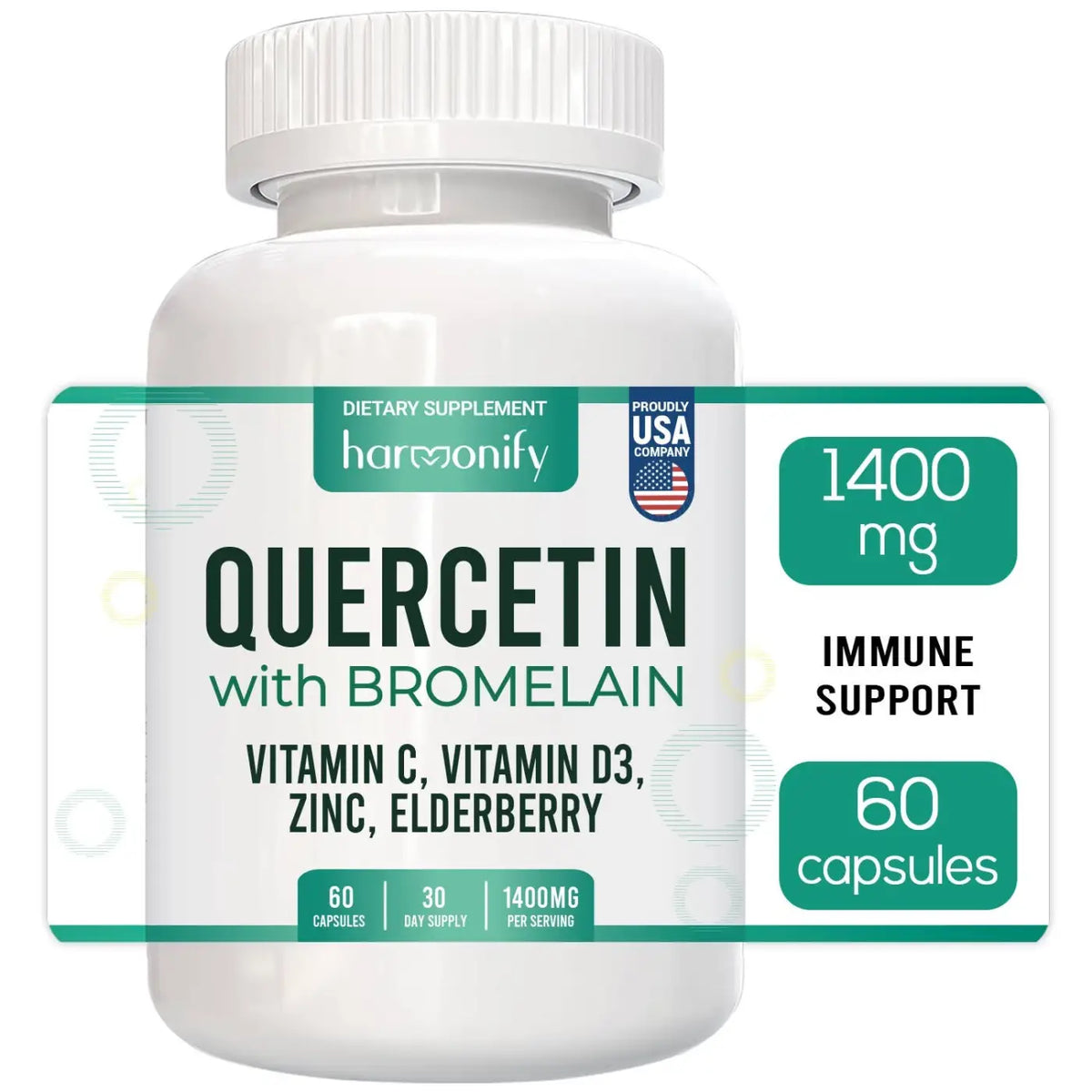 Quercetin mit Bromelain, Zink und Holunder in Nahrungsergänzung von HARMONIFY, zeigt die Kapseln in einer Packung.