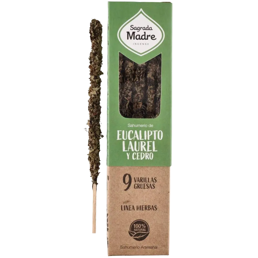 Räucherstäbchen Sahumerio Eukalyptus, Lorbeer und Zeder von Sagrada Madre, Vives de la Cortada S.L, in Packung.