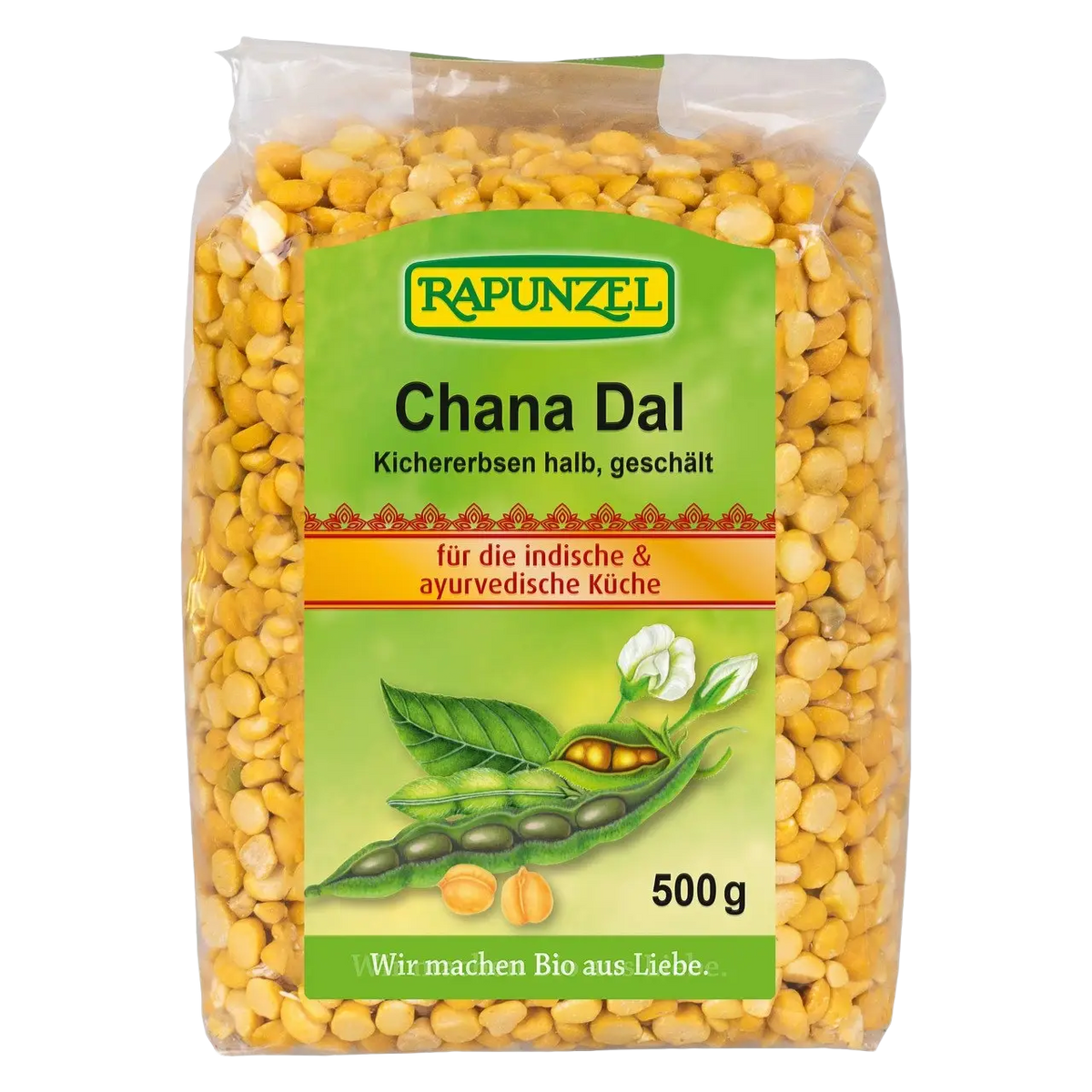 Rapunzel Chana Dal, halb geschälte Kichererbsen, EU Bio, Getreide und Hülsenfrüchte, in einer transparenten Packung