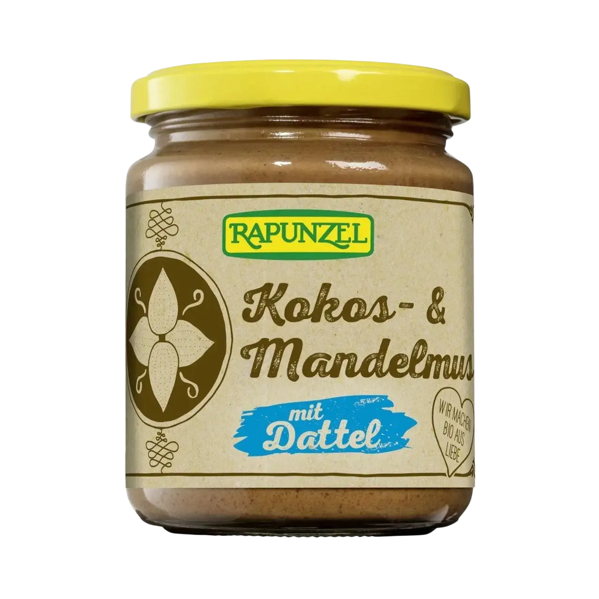 Rapunzel Kokos-Mandelmus mit Dattel, EU Bio, 250g, cremiger Brotaufstrich mit Kokos, Mandel und Dattel in Glas.