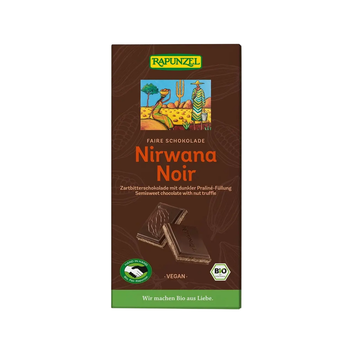 Rapunzel Nirwana Noir Bio-Schokolade, 100g, dunkle Süßigkeiten mit fairer Handel und EU-Bio-Zertifizierung.