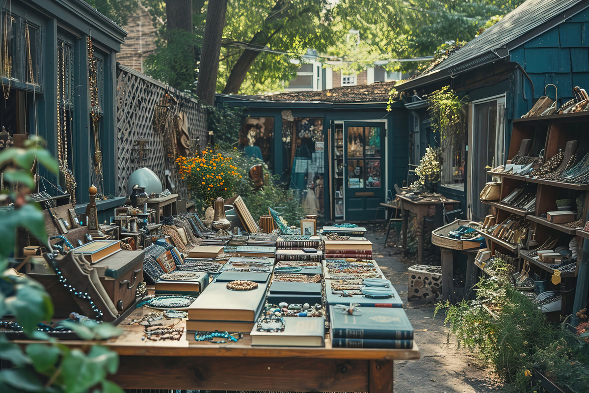 Handgefertigter Schmuck und Accessoires auf Holztischen in einem charmanten Outdoor-Boutique-Laden.