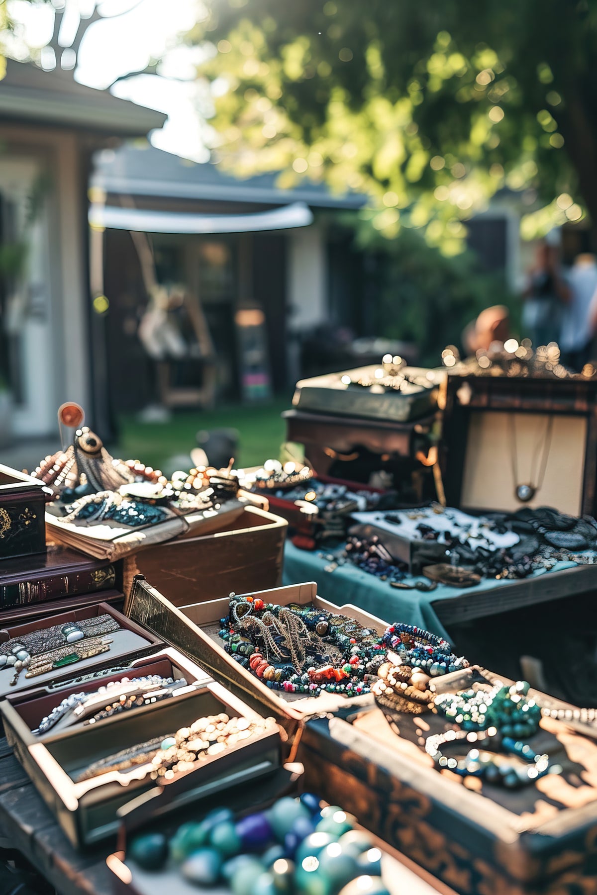 Handgefertigter Schmuck und Perlenketten in antiken Holzkisten auf einem Flohmarkt.