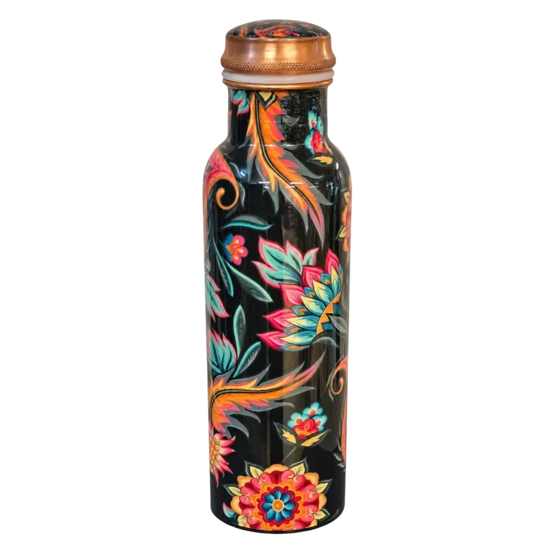 Reine Kupfer-Wasserflasche mit Blumenmuster, 1 Liter, schwer, ideal für Ayurveda und nachhaltige Wasseraufnahme.