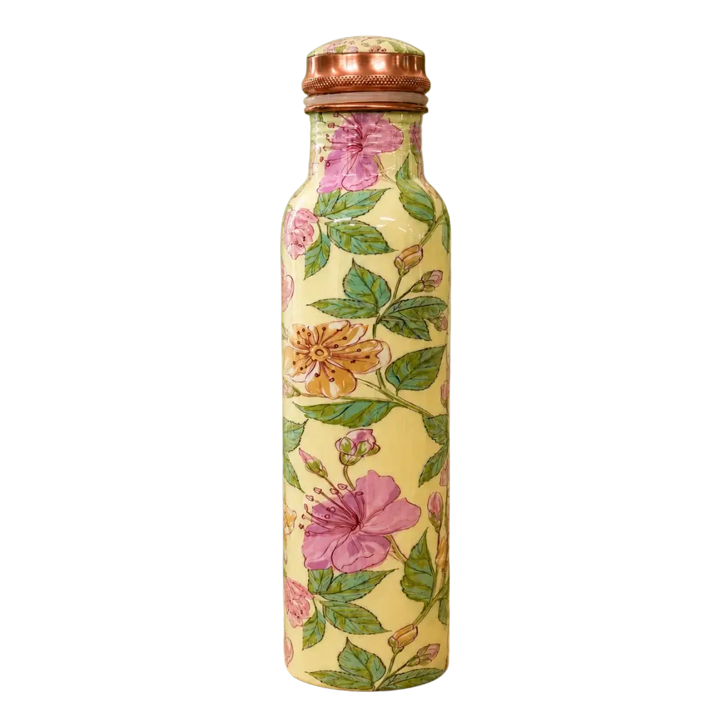 Reine kupferne Wasserflasche mit Blumenmuster in Grün, Rosé und Creme, 950 ml, Ayurveda Specialist B.V.