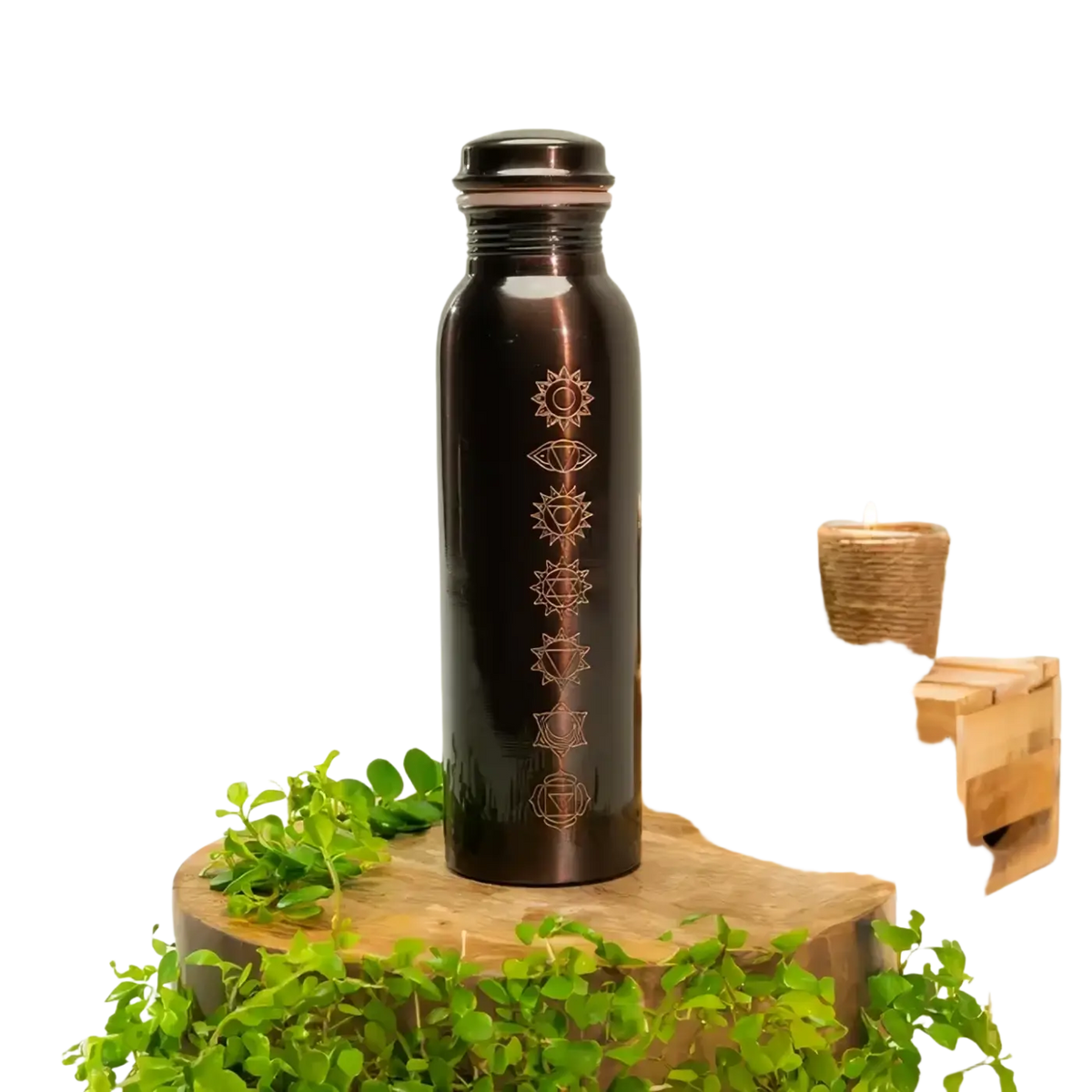 Reine Kupferwasserflasche mit 7 Chakren, antikes Finish, 950 ml, Mana Shop, handgefertigte Kupferflasche für Wasser.