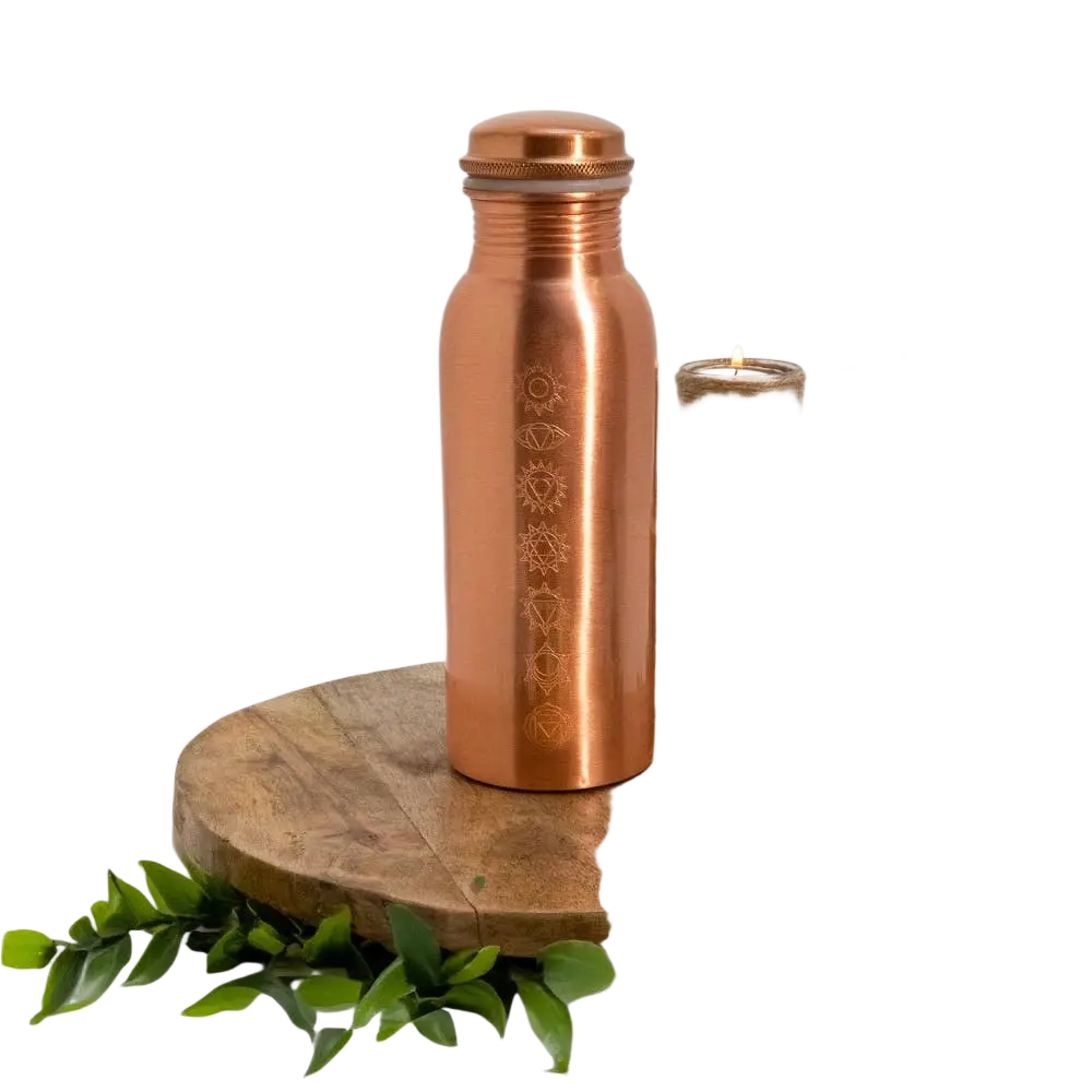 Reine Kupferwasserflasche mit 7 Chakren, mattes Finish, 750 ml, handgefertigt, für Ayurveda und Wasseranwendung
