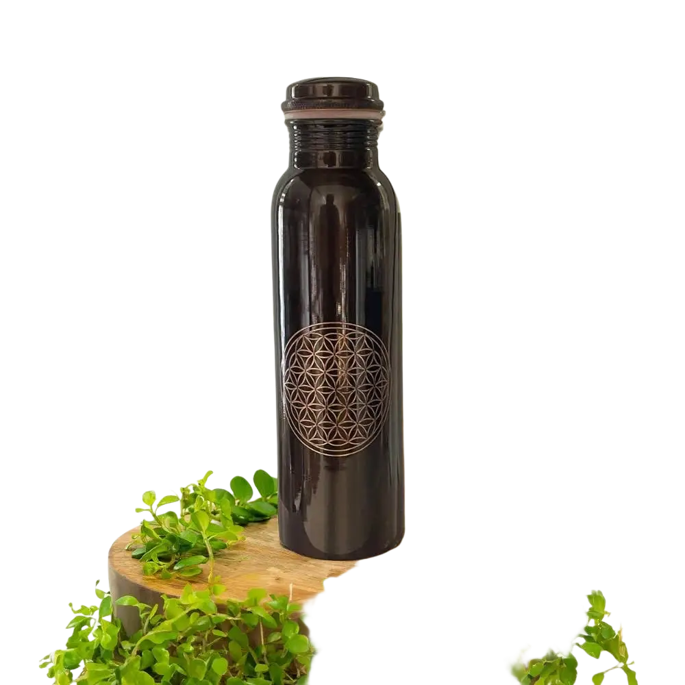 Reine Kupferwasserflasche mit Blumen des Lebens Muster, 950 ml, handgefertigt, Antikstil, von Ayurveda Specialist B.V.