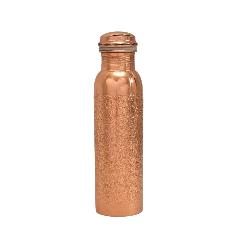 Reine Kupferwasserflasche mit Blumenmuster, 950 ml, handgefertigt, Ayurveda Kupferflasche, ideal für Wasser trinken