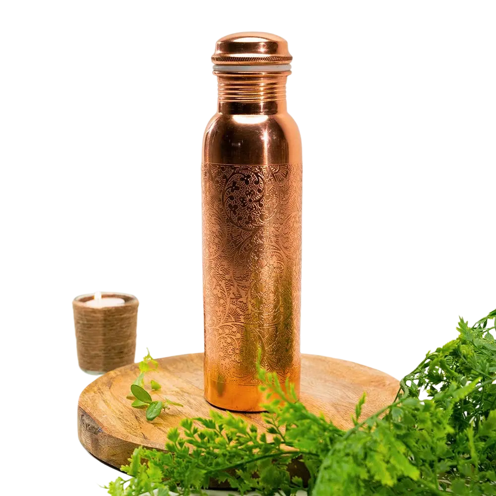 Reine Kupferwasserflasche mit Blumenmuster, 950 ml, handgefertigt, Ayurveda Spezialist B.V., langlebige Kupferflasche für Wasser