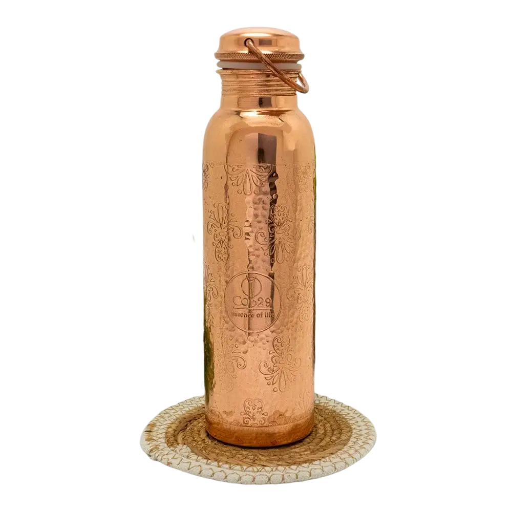 Reine Kupferwasserflasche mit Blumenmuster und Griff, ca. 950 ml, ideal für Wassertrinken, von Ayurveda Specialist B.V.