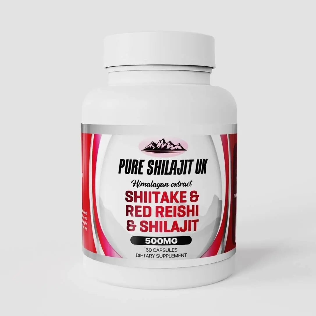 Reine Shilajit-Extraktkapseln von Pure Shilajit UK, mit Shiitake und rotem Reishi, Nahrungsergänzung aus Großbritannien