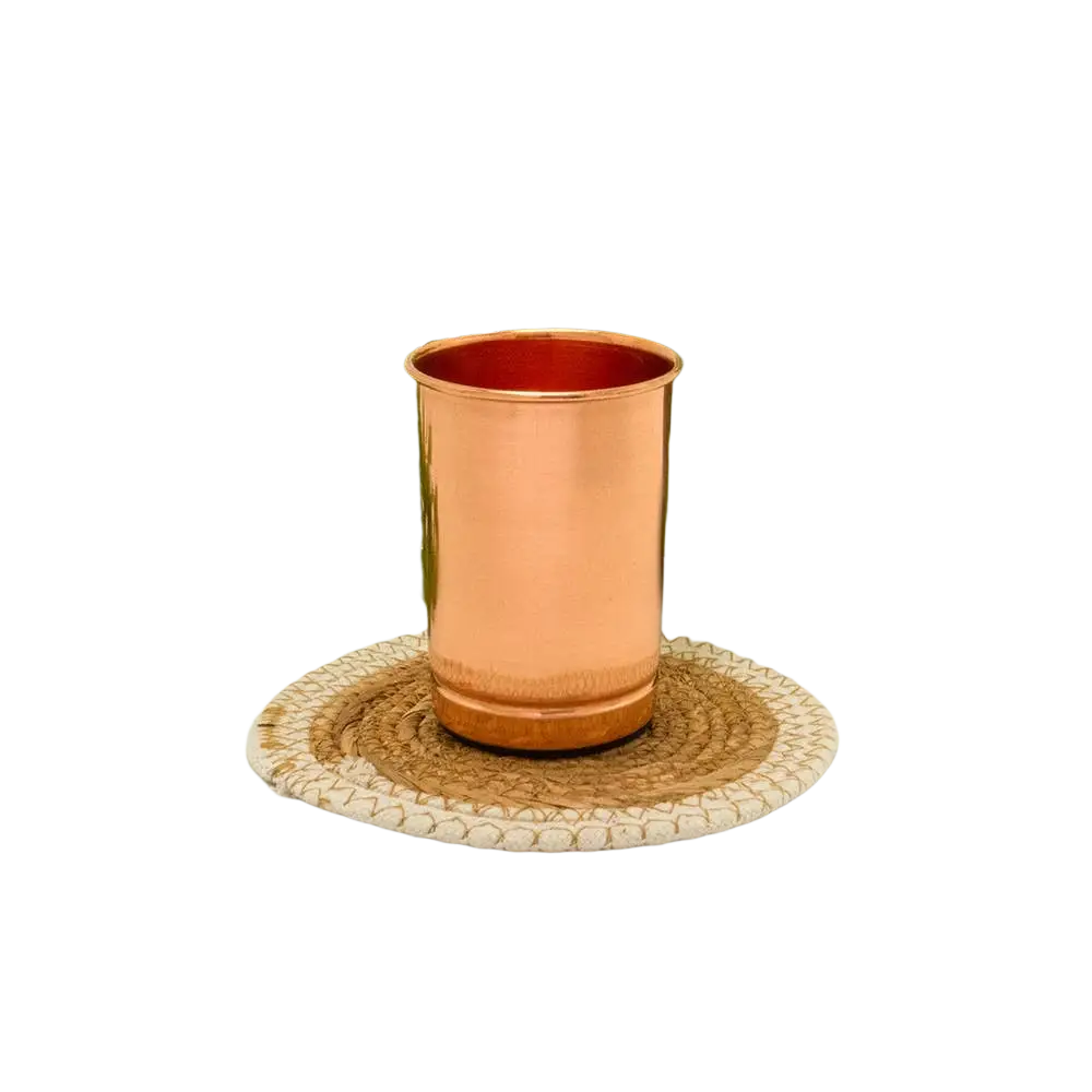 Reiner Kupferbecher glatt, 300 ml, schwere Ausführung, für Ayurveda, mit silberner Oberfläche und robustem Design