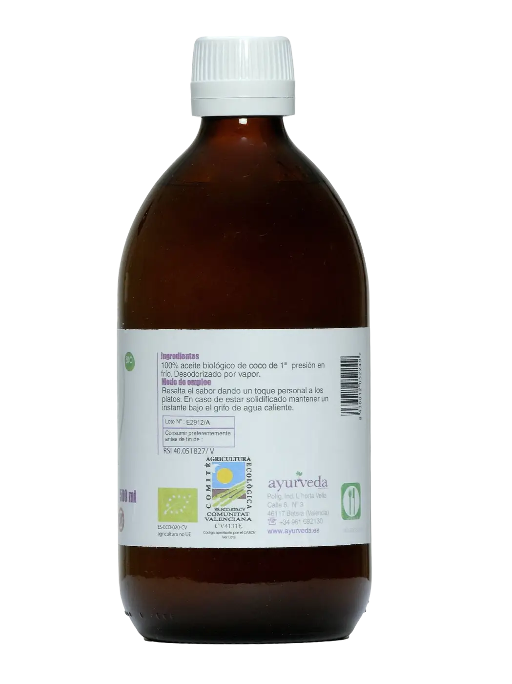 Braune glasflasche mit weißem schraubverschluss und ayurveda etikett für reines kokosöl bio-kokosöl von mana shop