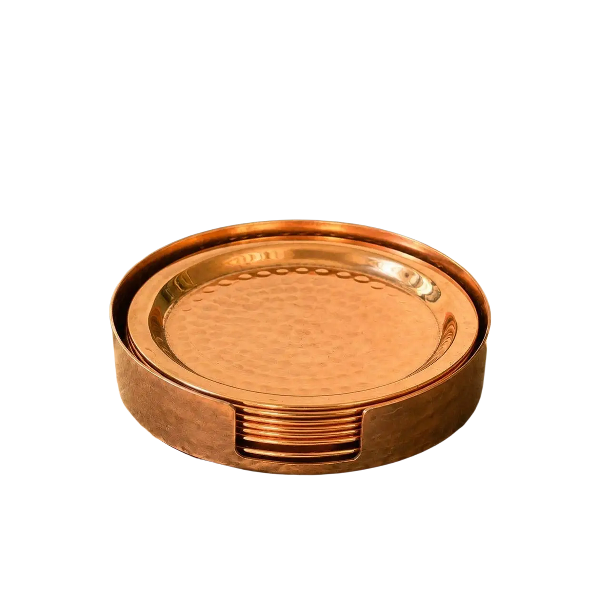Reines kupfer-untersetzer-set aus kupferfarbenem Edelstahl mit gehämmertem, rundem und stapelbarem design
