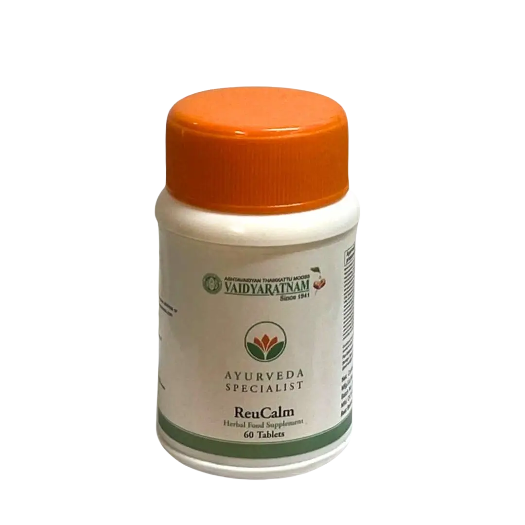 ReuCalm Nahrungsergänzung in weißer Plastikflasche, 60 Tabletten, Ayurveda Specialist B.V.