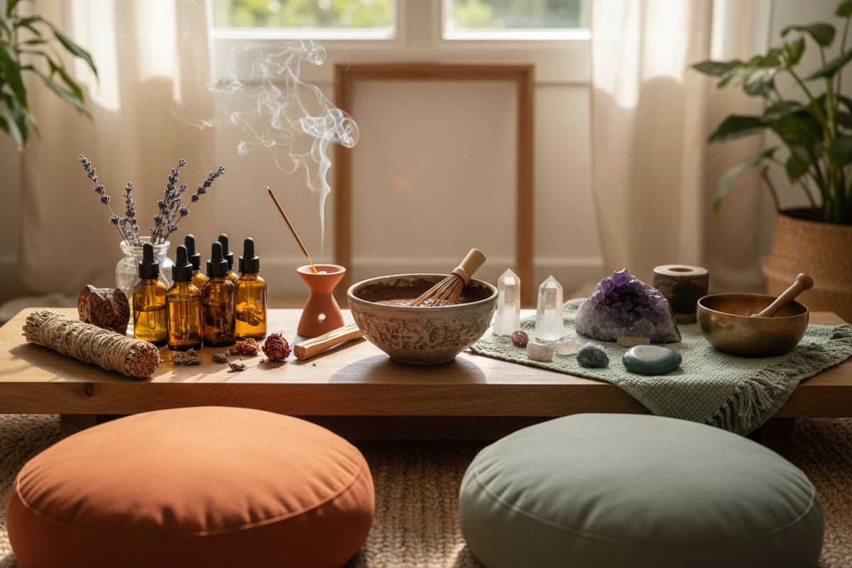 Wellness-Set mit ätherischen Ölen, Räucherstäbchen, Heilsteinen und einer Klangschale auf Holz.